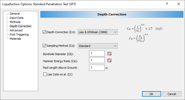 Liquefaction Options: Standard Penetration Test dialog